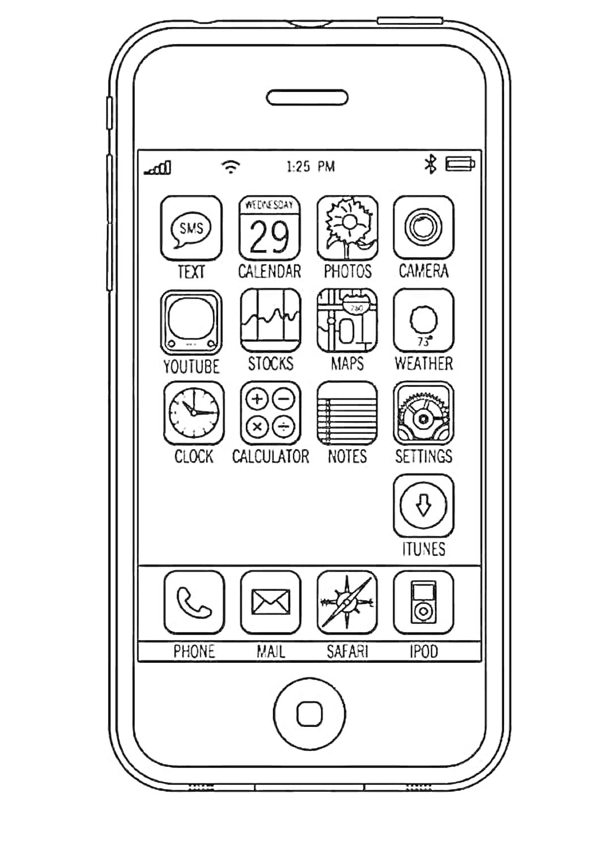 Раскраска Телефон с иконками приложений: SMS, календарь, фото, камера, YouTube, акции, карты, погода, часы, калькулятор, заметки, настройки, iTunes, телефон, почта, Safari, iPod