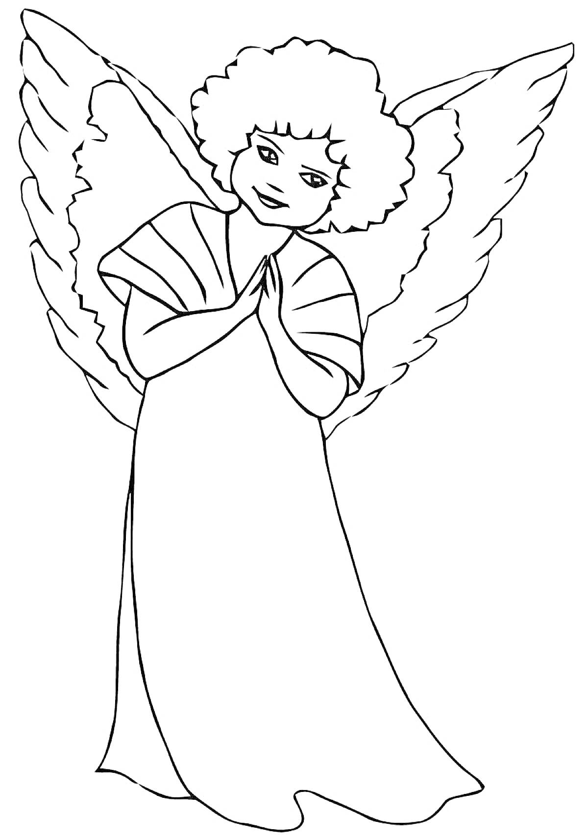 Ангел с крыльями и в длинном платье, руки сложены на груди.
