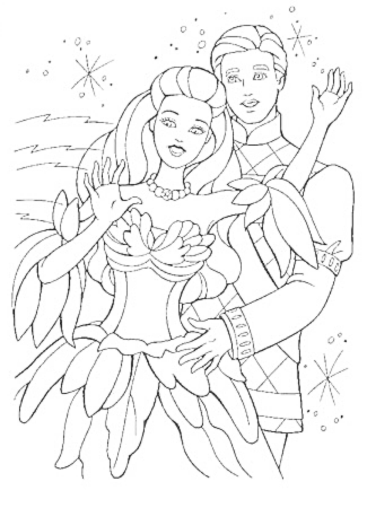 Раскраска Барби и Кен на танцах в сказочных костюмах с элементами природы и звездного фона