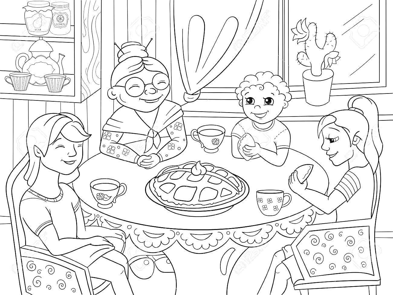 На раскраске изображено: Бабушка, Стол, Пирог, Кружки, Чай, Растения, Семья, Посуда, Комната