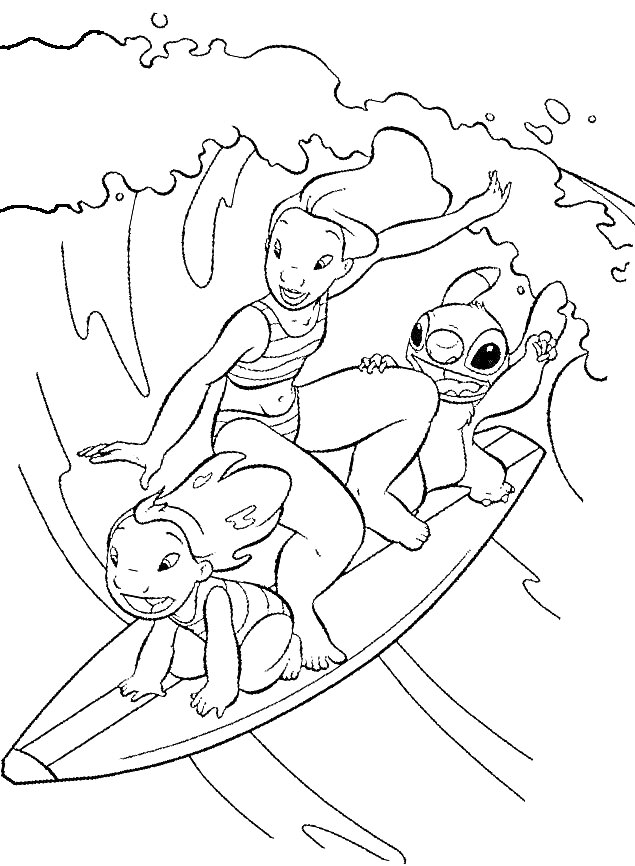 Раскраска Лило, Стич и Нани на серфинговой доске, катаются по волнам