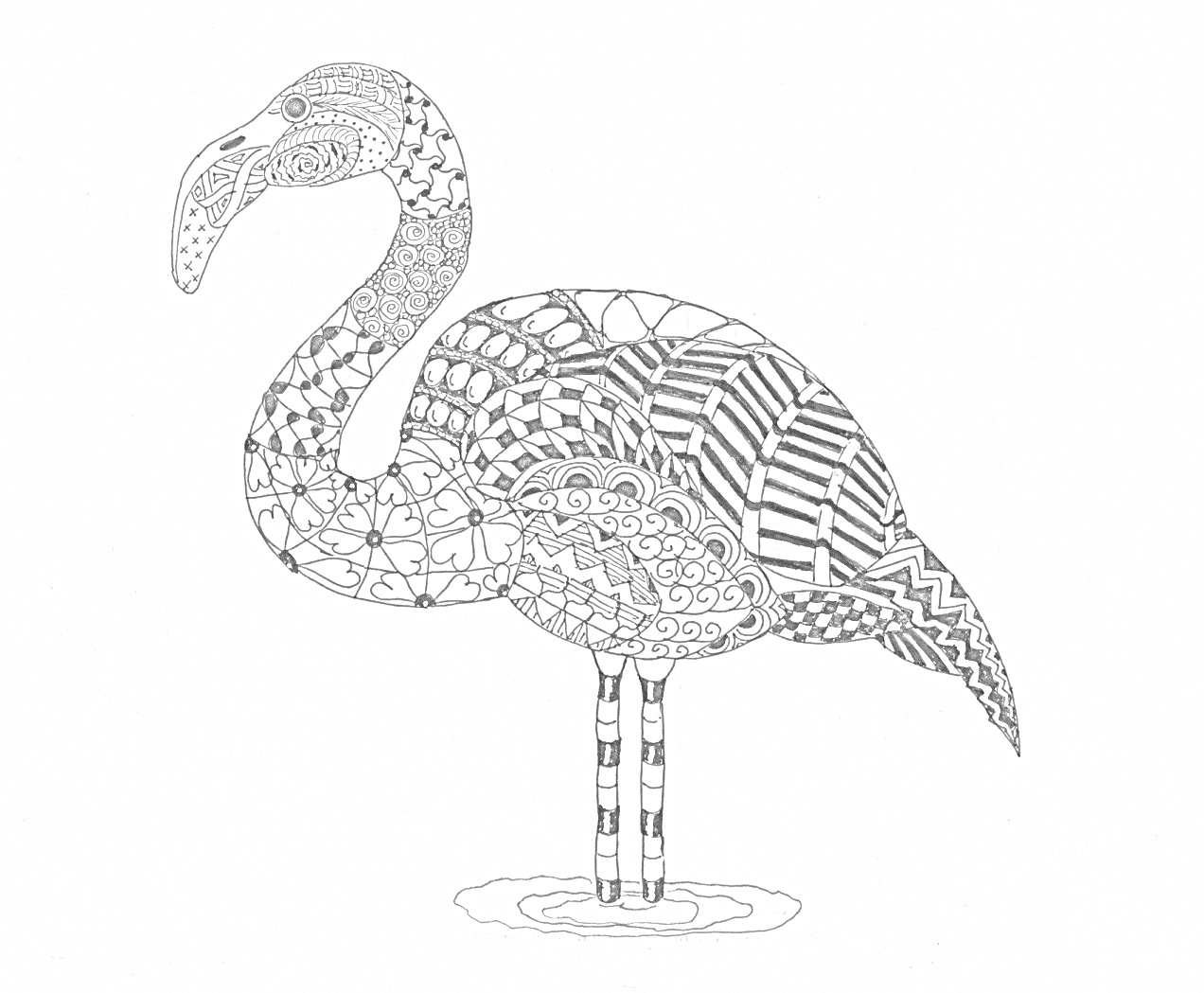 Раскраска Антистресс-раскраска: фламинго с узорами, стоящий в воде