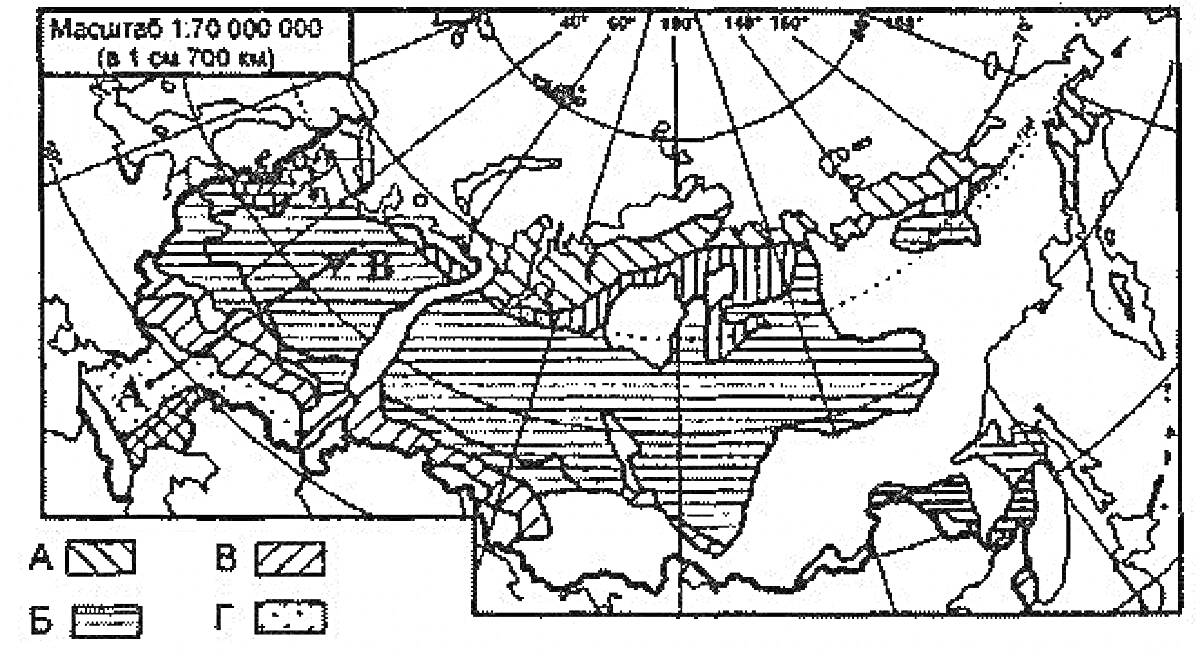 Раскраска Карта природных зон России с обозначениями зон (А, Б, В, Г)