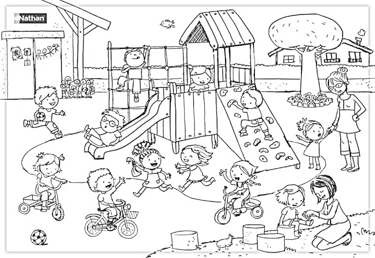 Раскраска Детская площадка в садике с детьми и воспитателями, дети на горке, качелях, велосипеде, мотоцикле, играющие в песочнице, мыльные пузыри, игрушки, дерево, цветы, домики