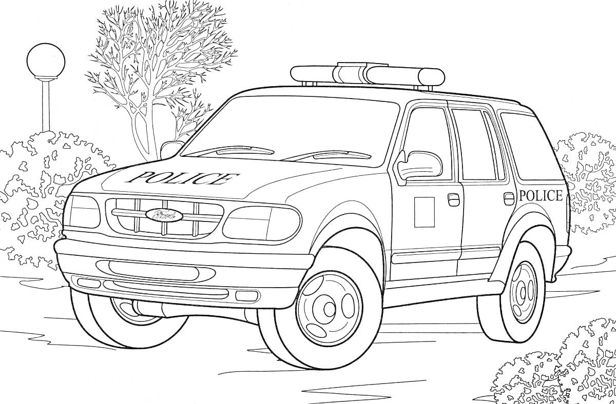 На раскраске изображено: Полицейская машина, Полиция, Парк, Деревья, Кусты, Для детей, 5 лет, 6 лет
