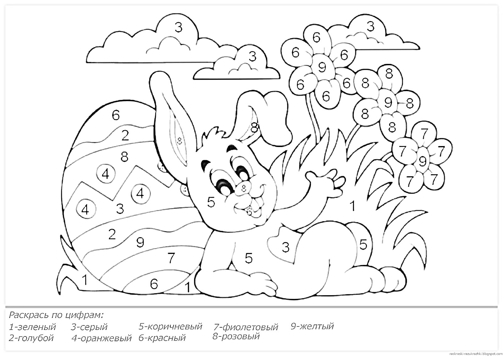 Раскраска Заяц с пасхальным яйцом и цветами
