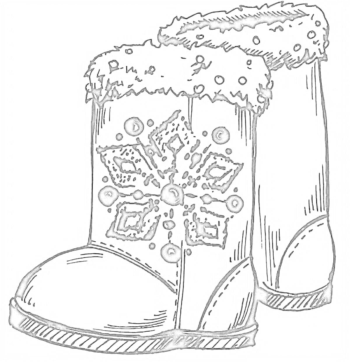 Раскраска Валенки с мехом и узором в виде снежинки