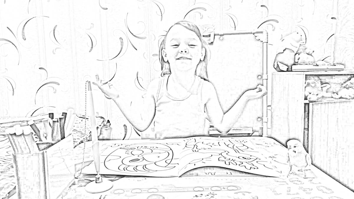 Раскраска Девочка с раскраской и попугаем на столе