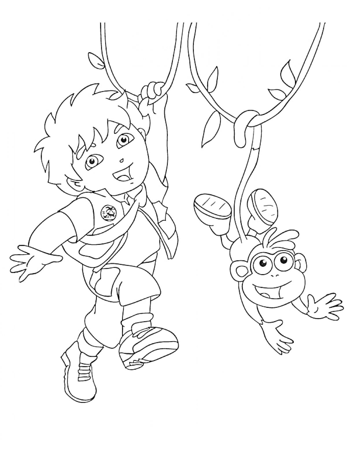 Раскраска Мальчик и обезьянка на лианах