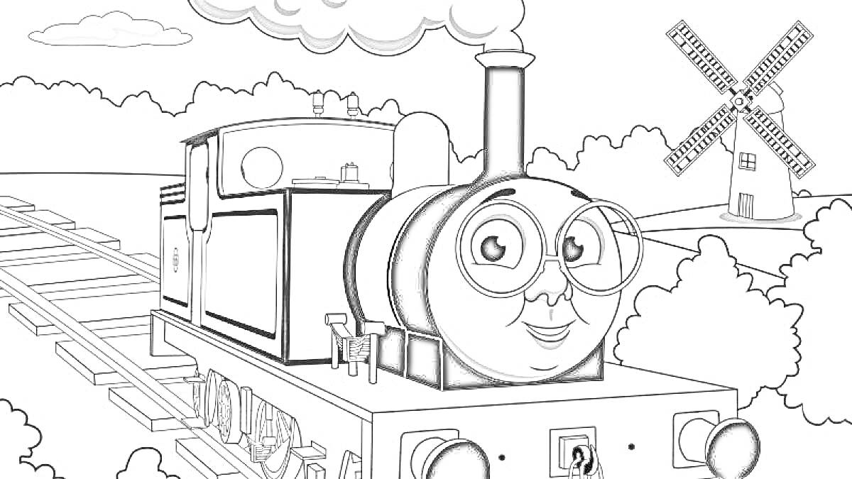 Раскраска Паровоз Томас на железной дороге с мельницей на заднем плане