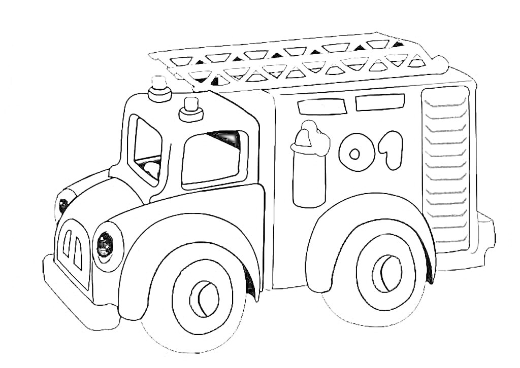 Раскраска Пожарная машина с лестницей, сиренами и эмблемой в виде шланга и цифры 01