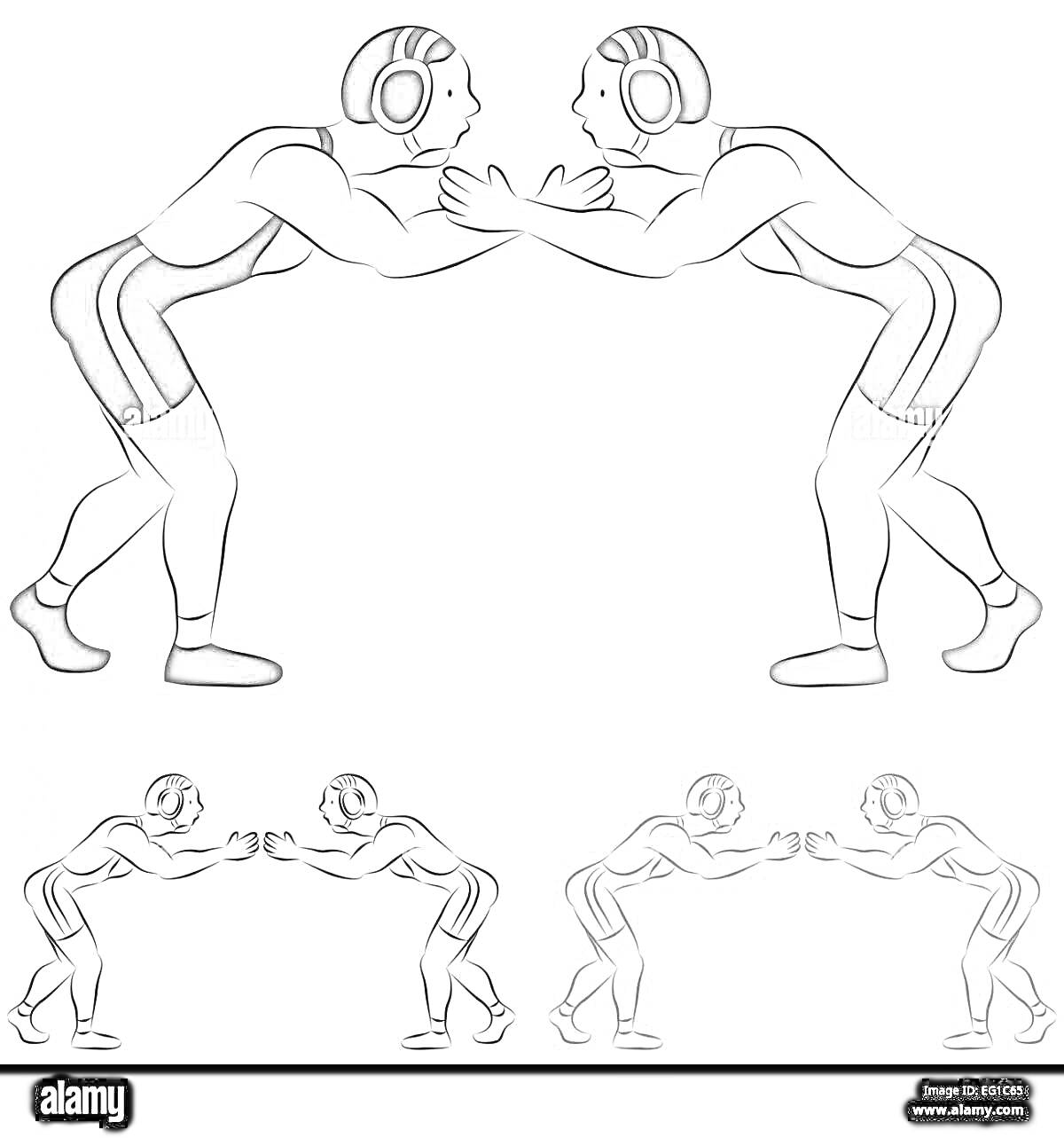 Двое борцов в шлемах и три схематических отображения борцов