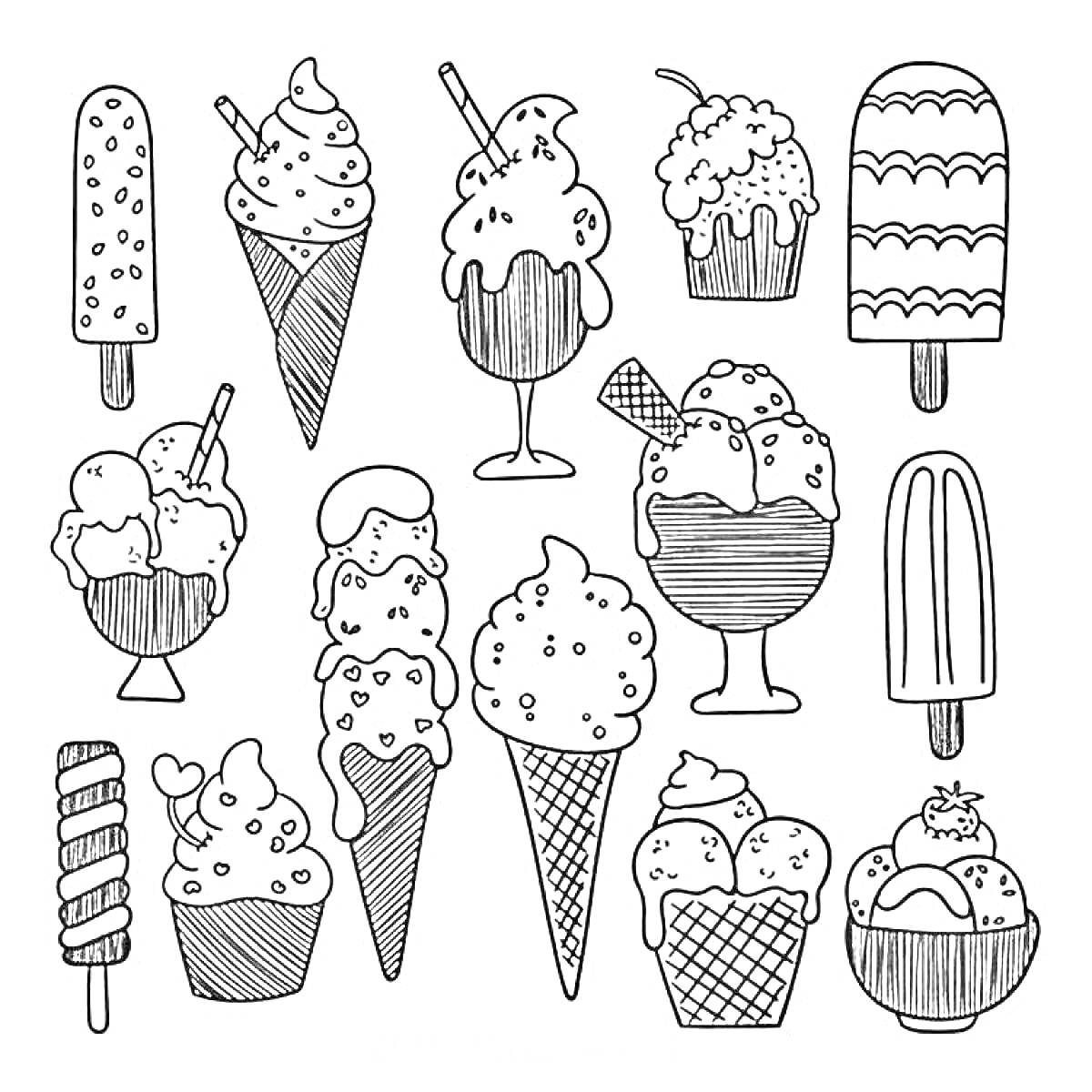 Раскраска Набор стикеров с различными видами мороженого (эскимо, рожок, фруктовый лед, мороженое в стакане, мороженое с вафлей)