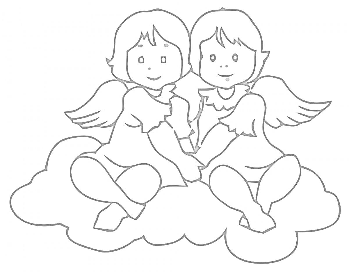 Раскраска Два ангела, сидящие на облаке