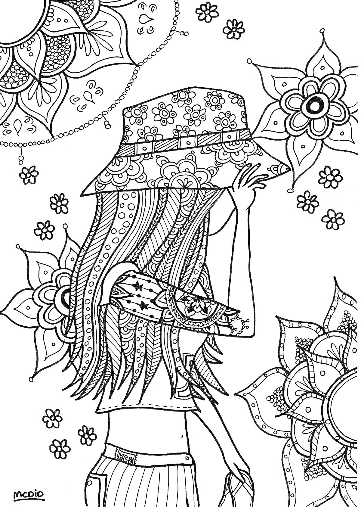 Раскраска Девушка-хиппи в шляпе с цветочным орнаментом, замысловатый фон с мандалами и маленькими цветами