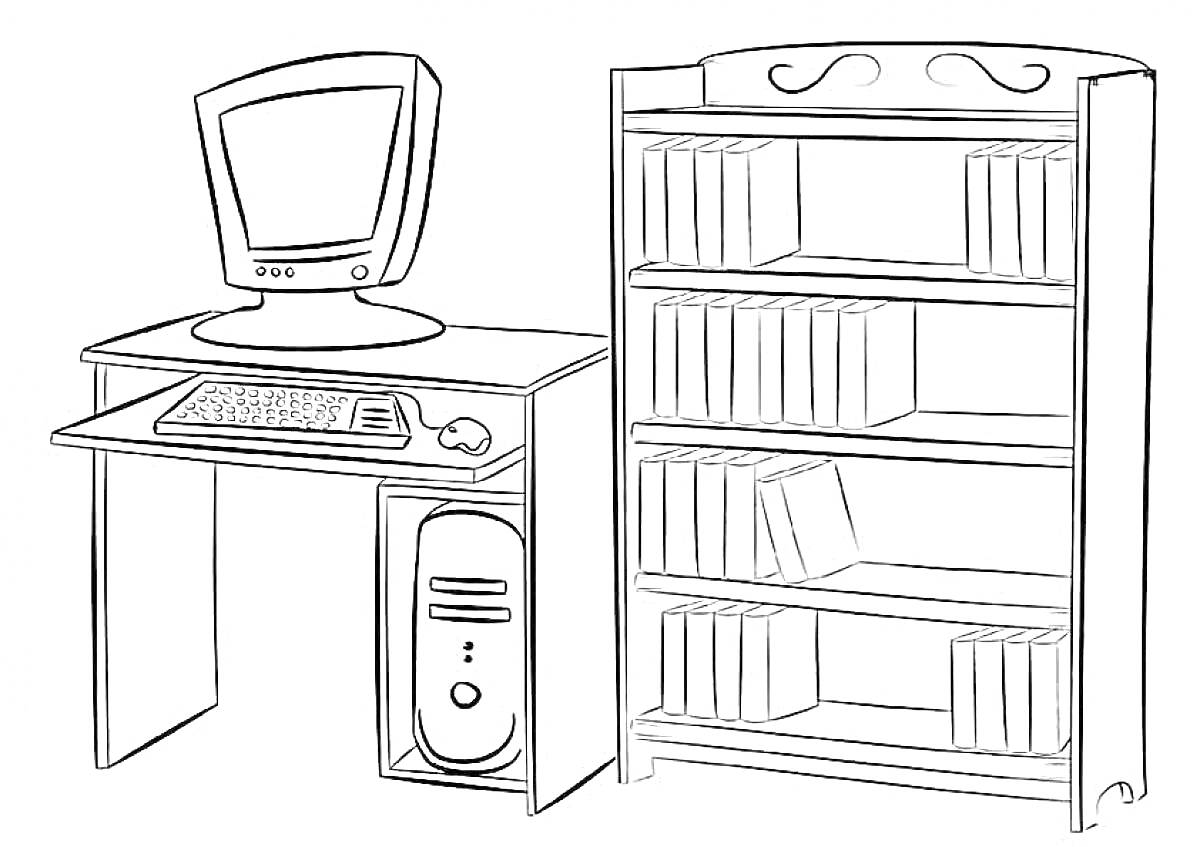 Раскраска Стол с компьютером и книжная полка с книгами