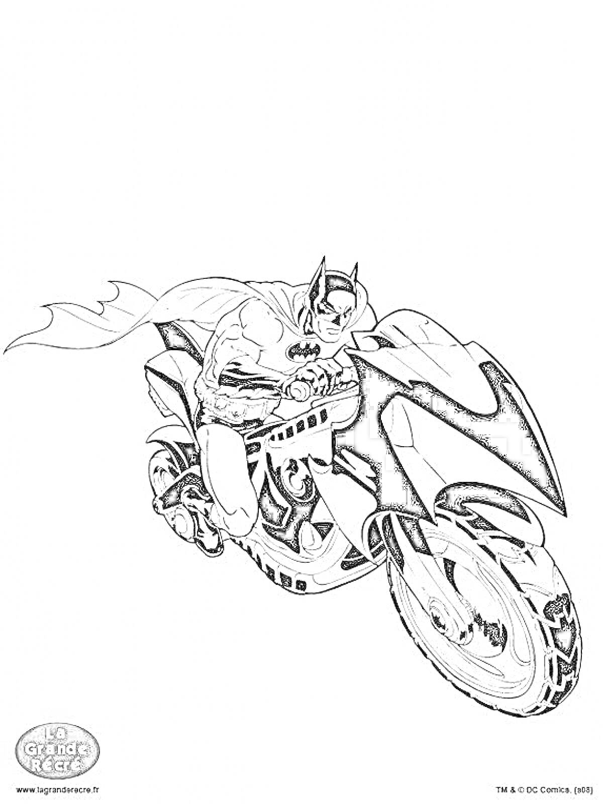На раскраске изображено: Бэтмен, Мотоцикл, Комиксы, Плащ, Скорость, Транспорт