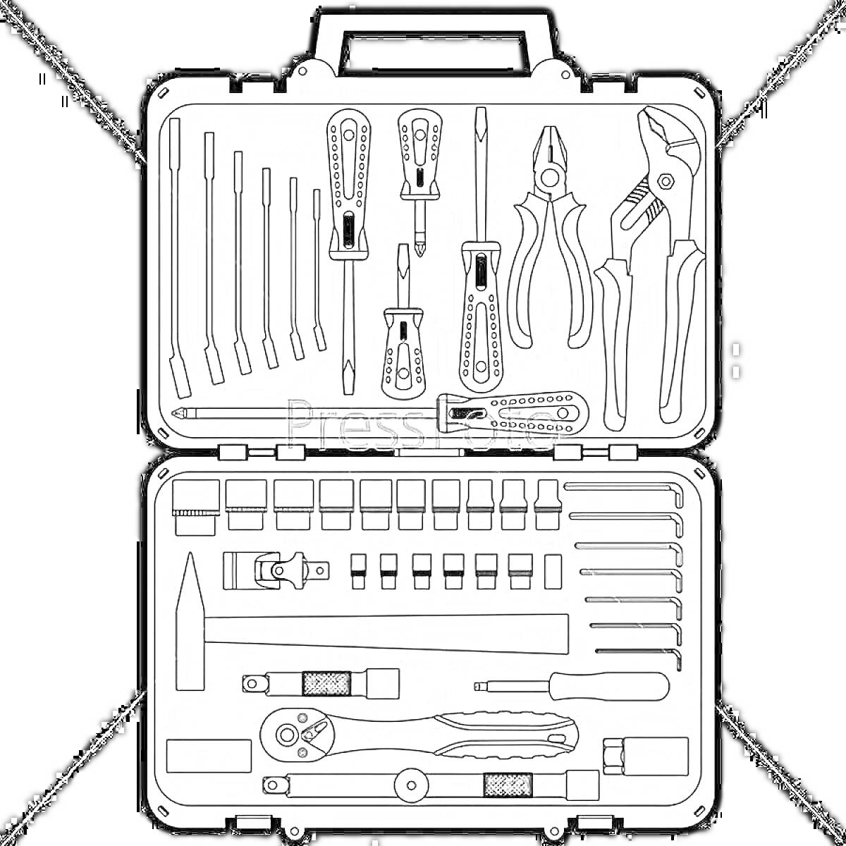 Набор инструментов с отвертками, плоскогубцами, кусачками, гаечными ключами и другими инструментами в кейсе