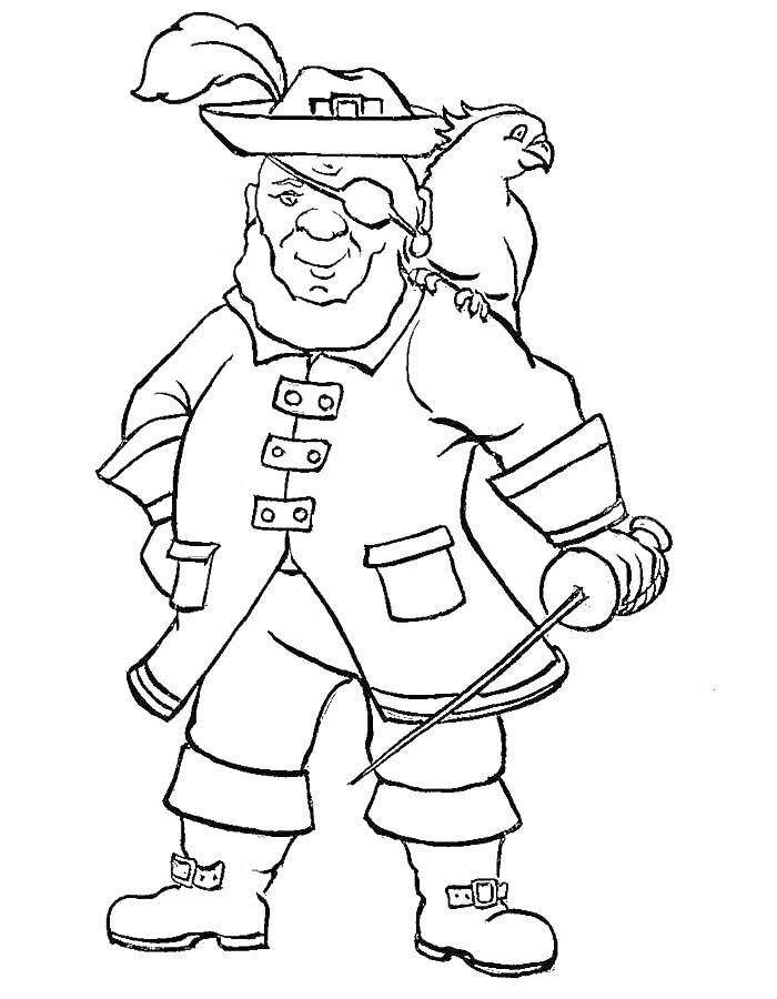 Раскраска Пират с попугаем на плече, в шляпе с пером, с повязкой на глазу, в куртке с застежками и перчатками, с саблей в руке.