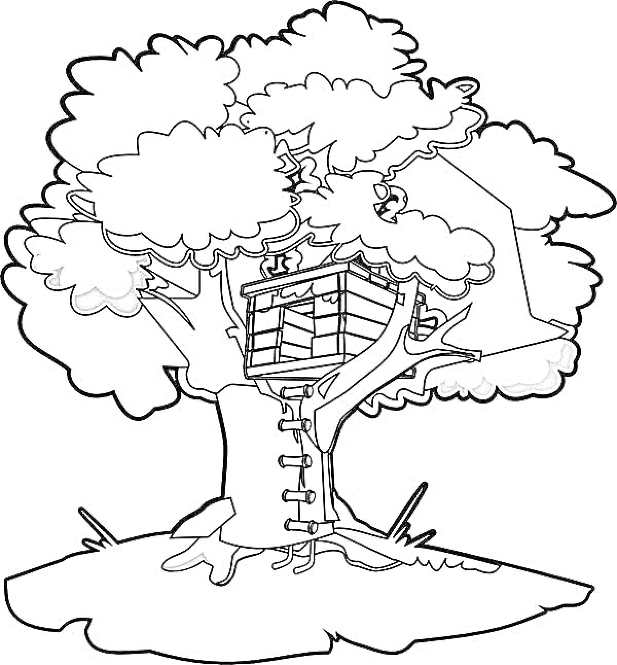 На раскраске изображено: Домик на дереве, Лестница, Листва, Природа, Для детей, Деревья