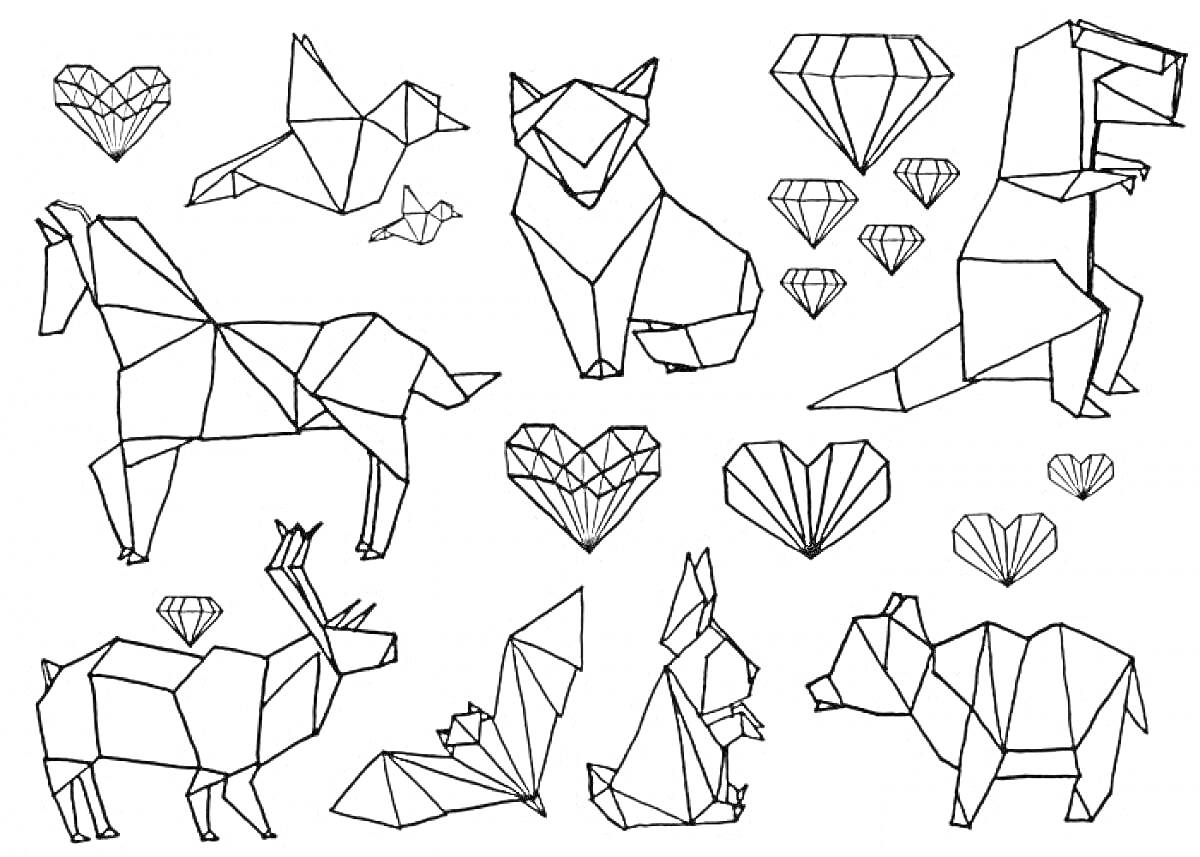 РаскраскаРаскраска оригами: лошадь, два птица, сова, пять алмазов, кролик, стоящий динозавр, олень, морской конек, бабочка, медведь, лев