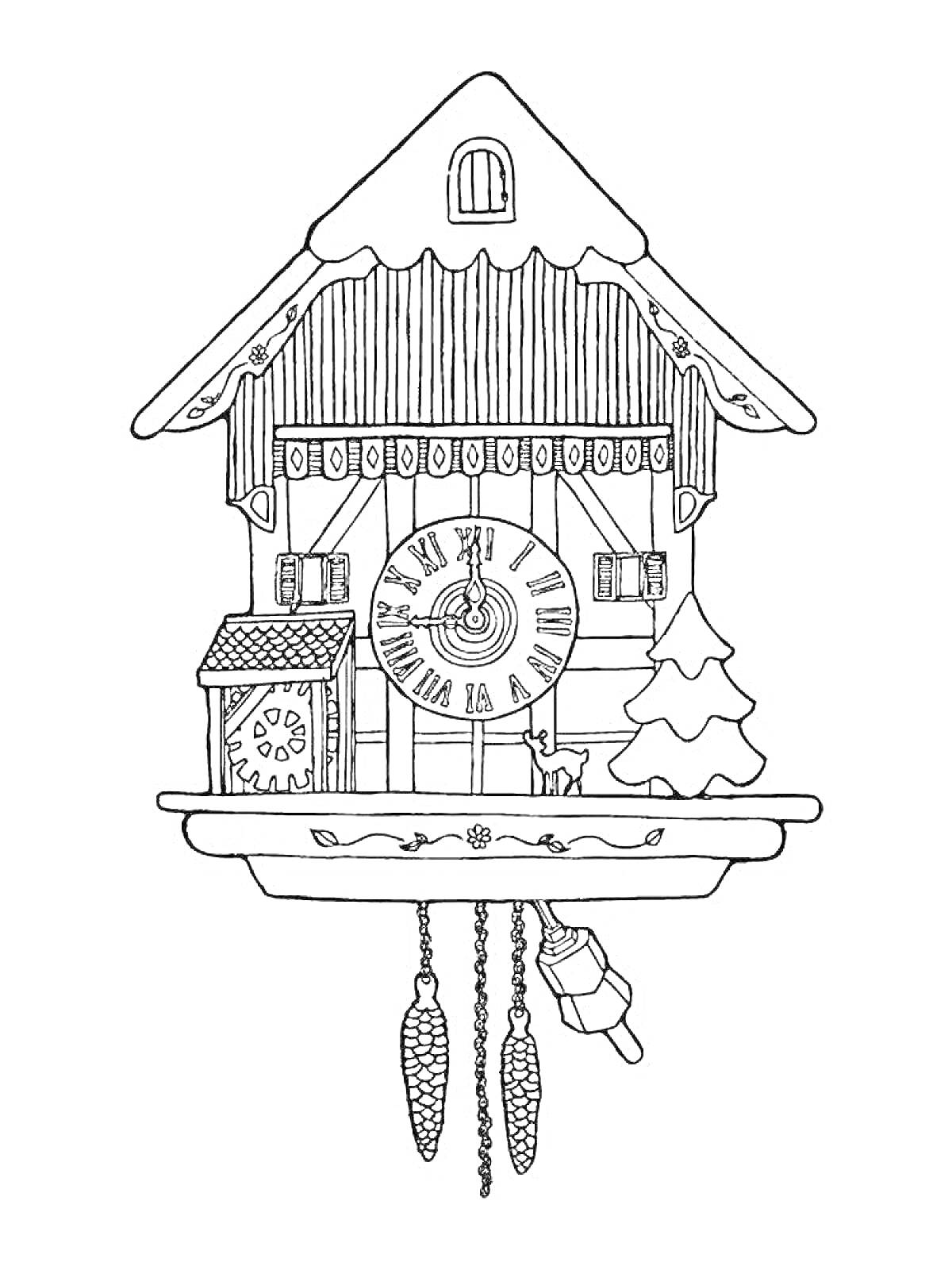 На раскраске изображено: Часы с кукушкой, Домик, Римские цифры, Шишки, Зима, Снег