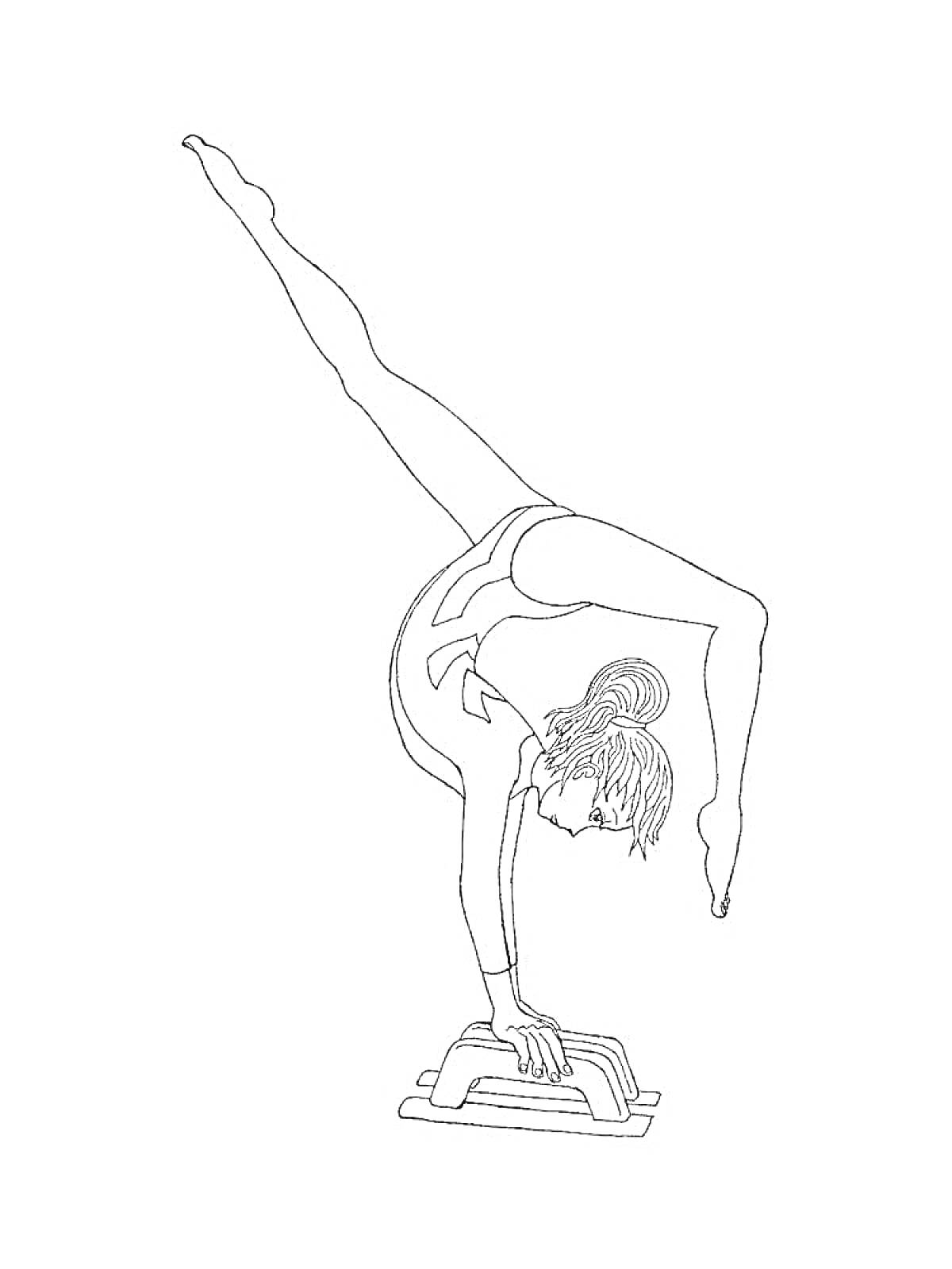 На раскраске изображено: Акробатика, Гимнастка, Стойка на руках, Трико, Спорт, Гибкость, Тренировка
