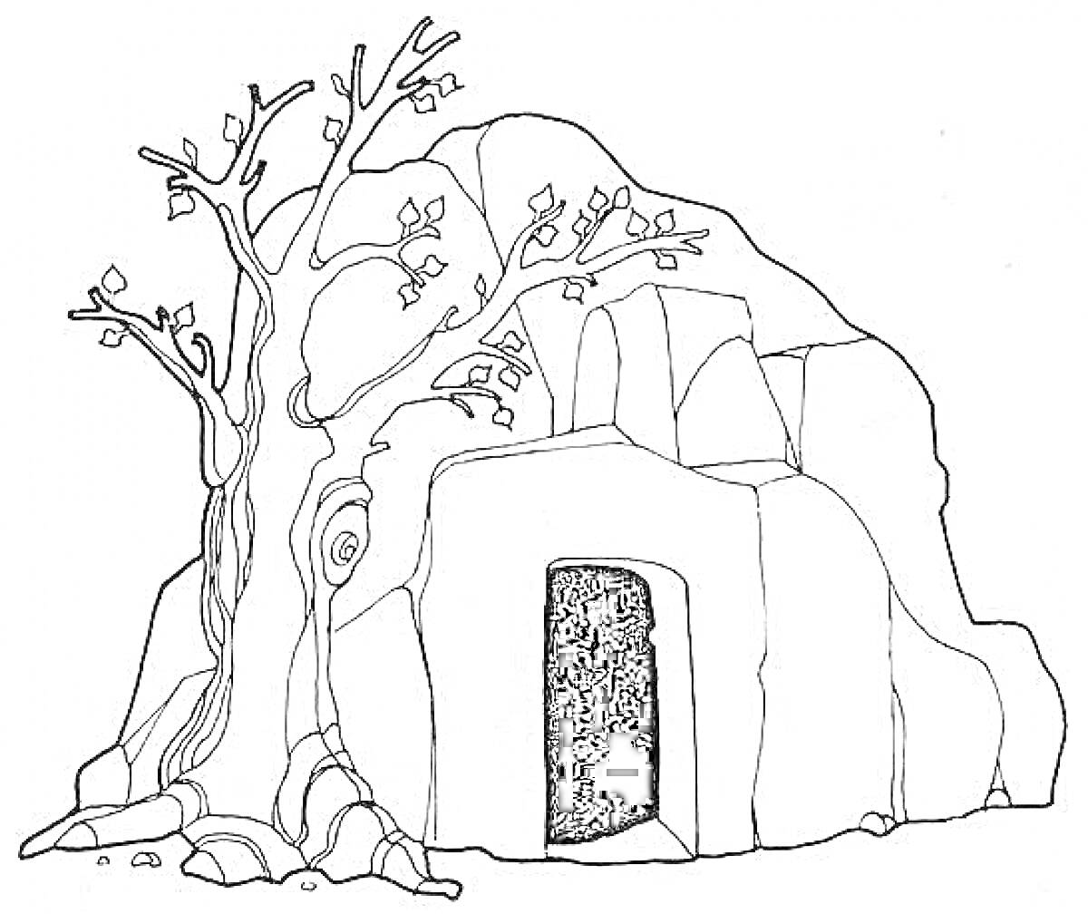 Раскраска пещера с деревом у входа