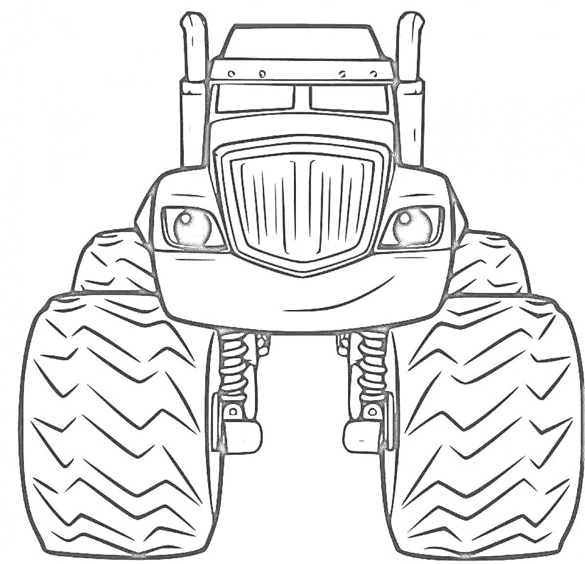 Раскраска Монстр-трак с большими колёсами и улыбающейся мордой