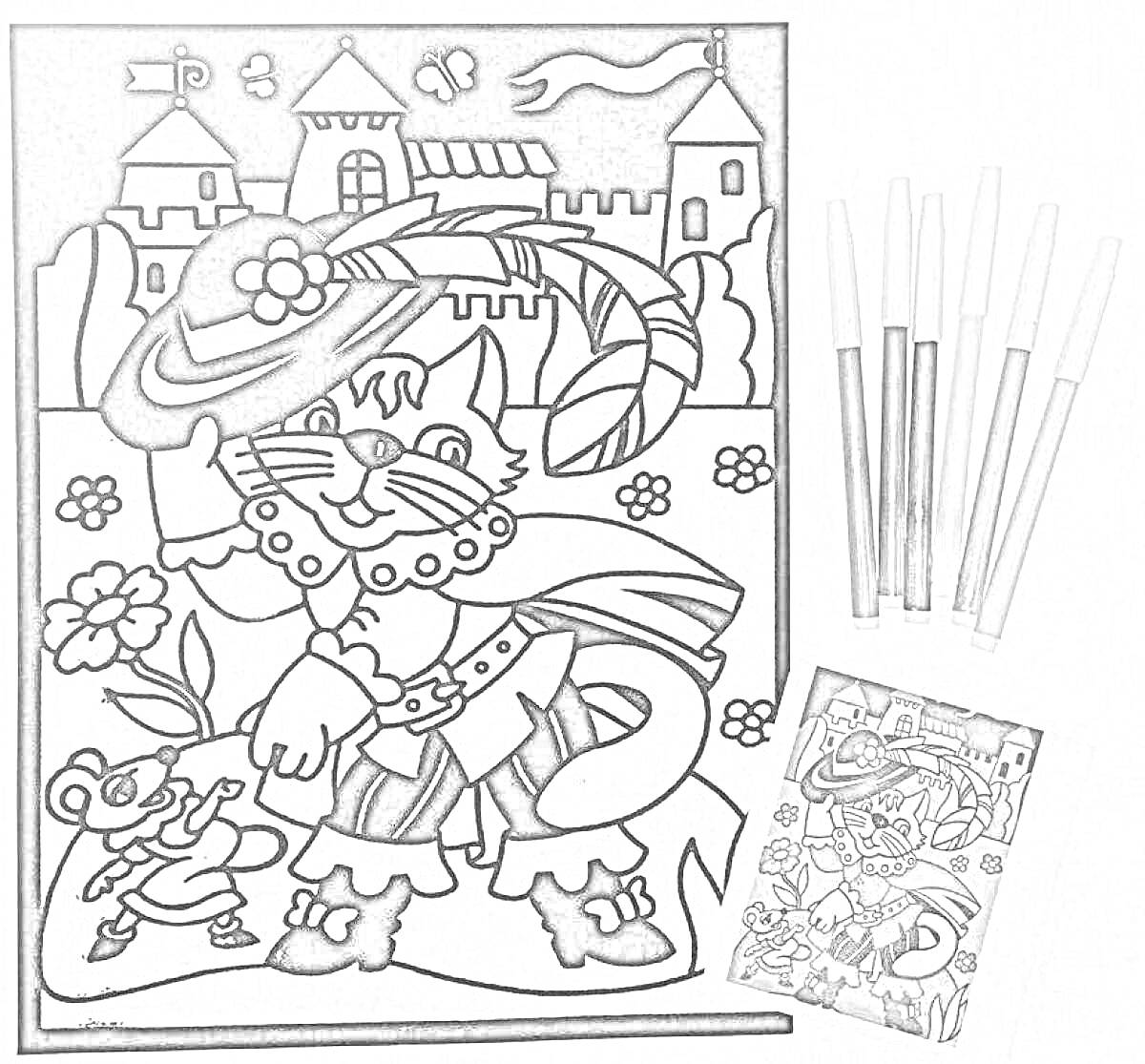 На раскраске изображено: Кот в сапогах, Замок, Фломастеры, Творчество, Для детей, Мышь