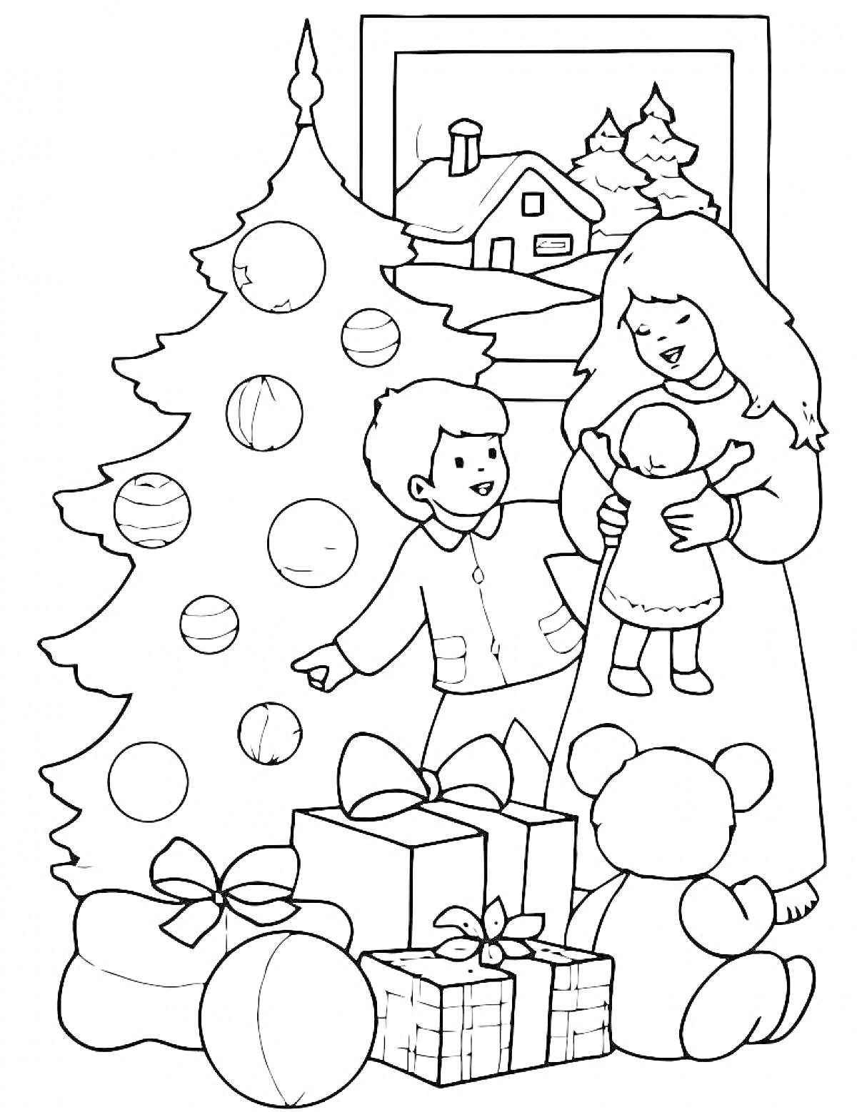 На раскраске изображено: Рождество, Игрушки, Подарки, Кукла, Женщина, Мячи, Дом, Снег