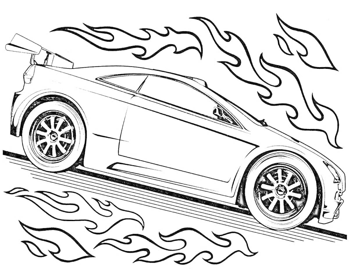 Раскраска Гоночная машина с высокими колёсами на фоне огненных узоров