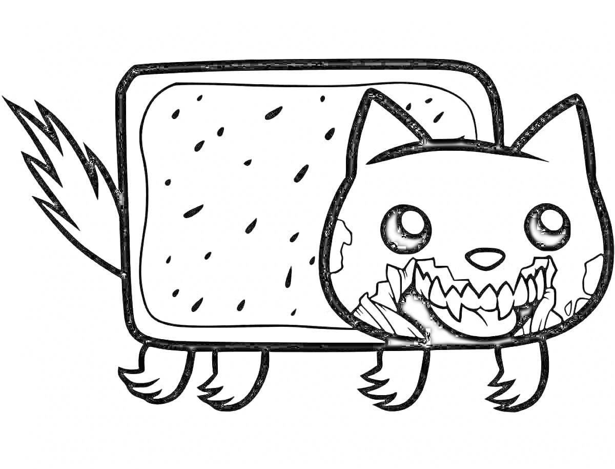 Картoon cat с телом в форме тоста, хвостом и четырьмя лапами