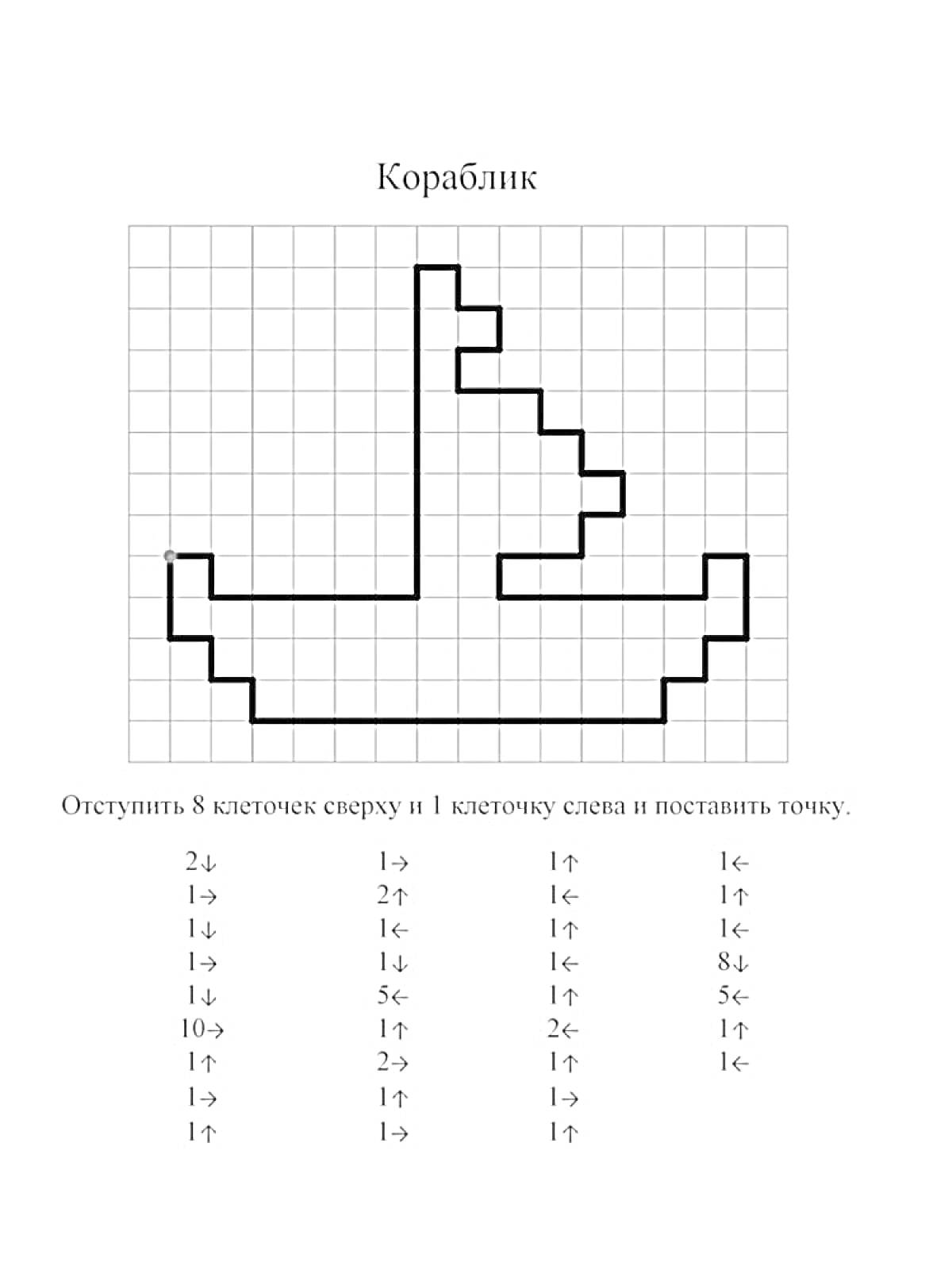 Раскраска Кораблик с красной точкой в верхнем левом углу, черные линии, координатная сетка