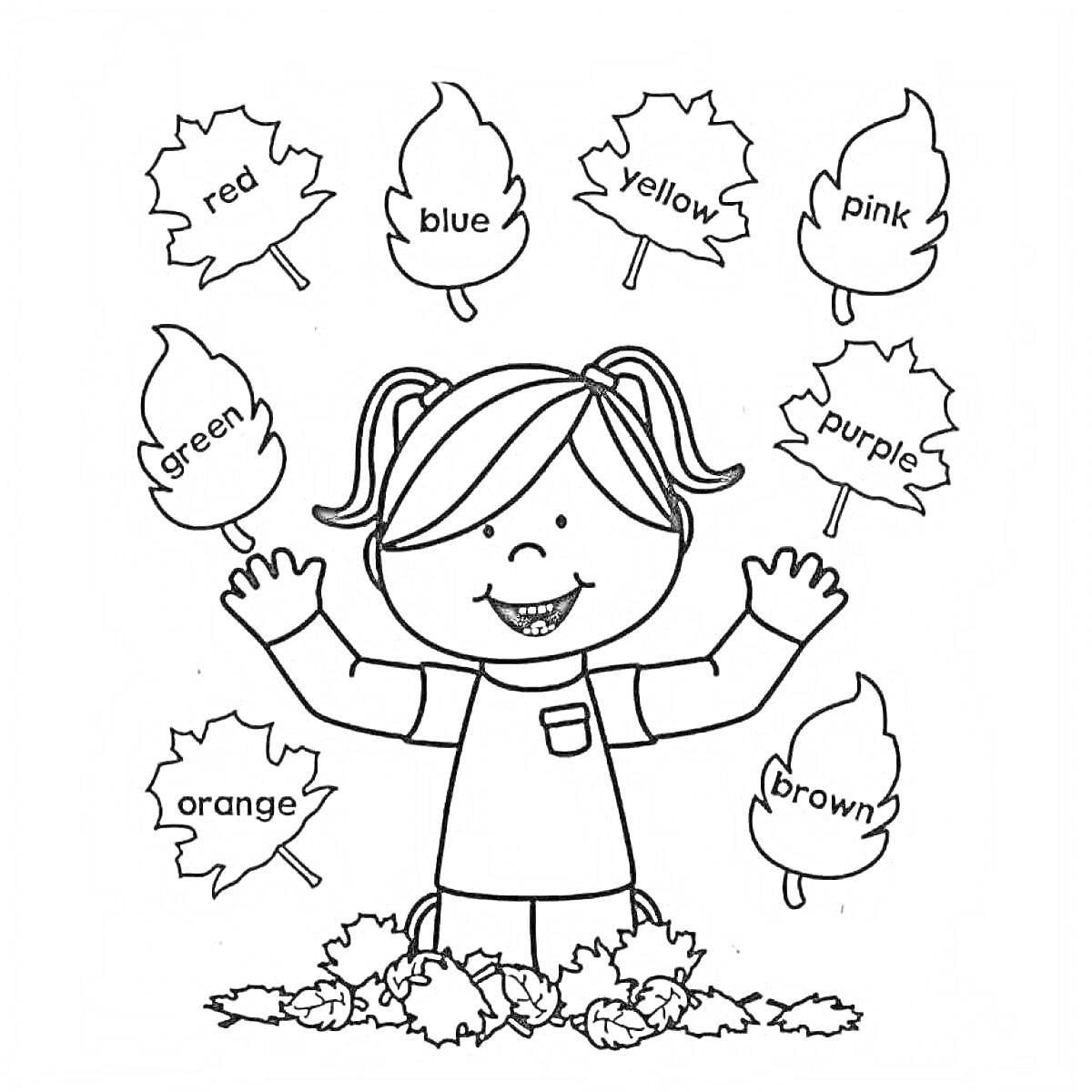 Раскраска Девочка с листьями и названиями цветов на английском языке