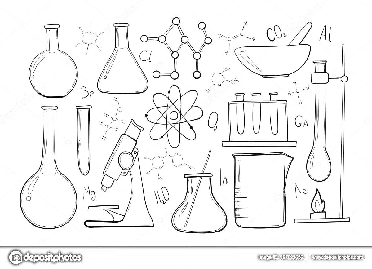 Раскраска Химическая лаборатория: колбы, пробирки, микроскоп, мензурка, вагонка, молекулы, символы химических элементов (Cl, Al, Ne, Ga, CO, H2O, Mg, Br)