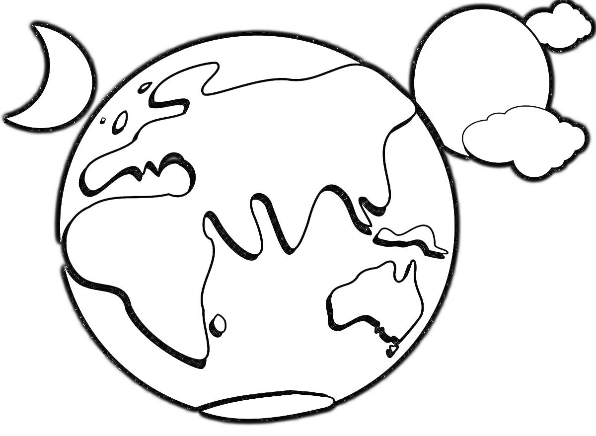На раскраске изображено: Земля, Луна, Солнце, Облака, География, Космос, Континенты, Для детей, Планеты