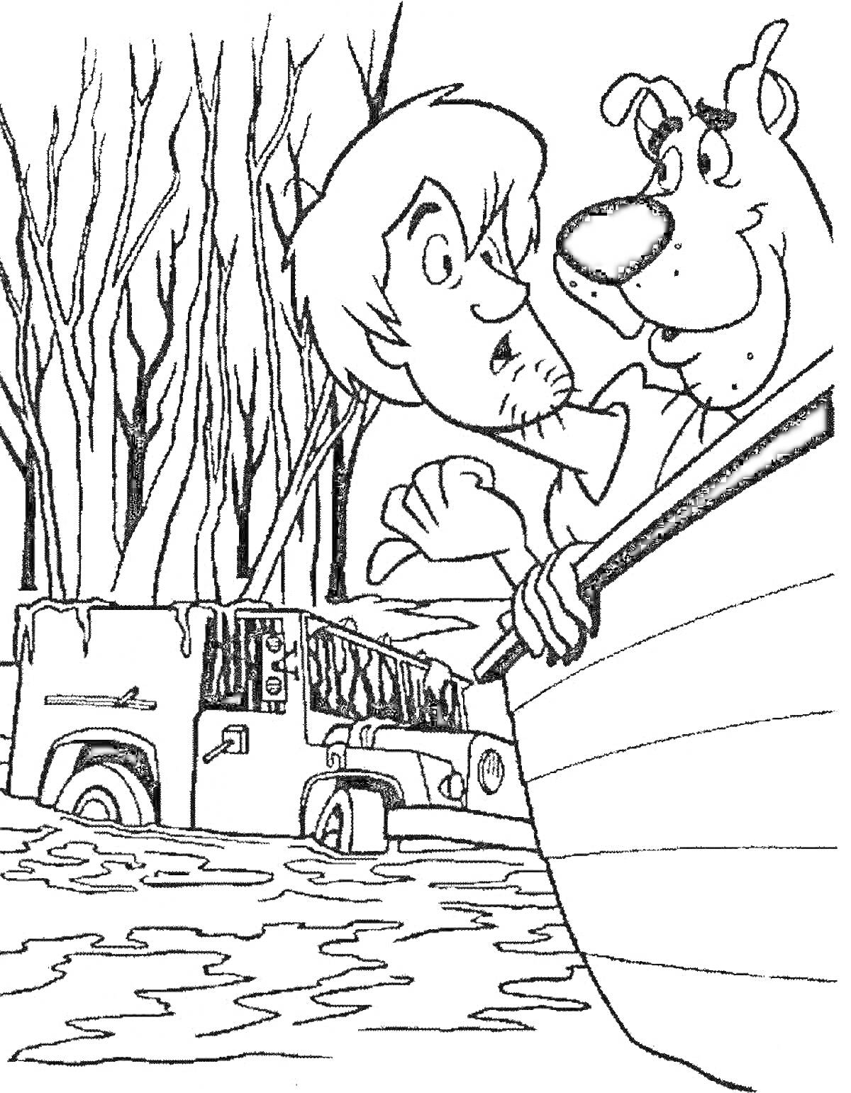 На раскраске изображено: Лодка, Мужчина, Собака, Деревья, Вода