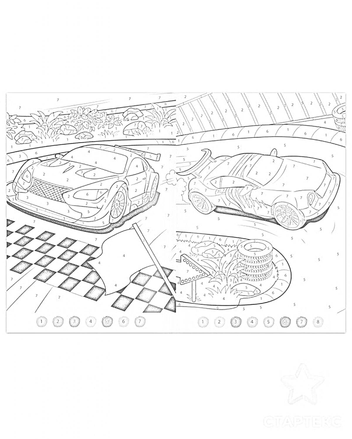 Раскраска по цифрам с двумя автомобилями: спортивная машина на гоночной трассе с клетчатым флагом и внедорожник на фоне городского пейзажа с деревьями и дорогой