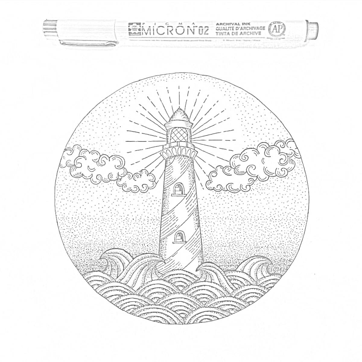 На раскраске изображено: Маяк, Море, Волны, Облака, Солнце
