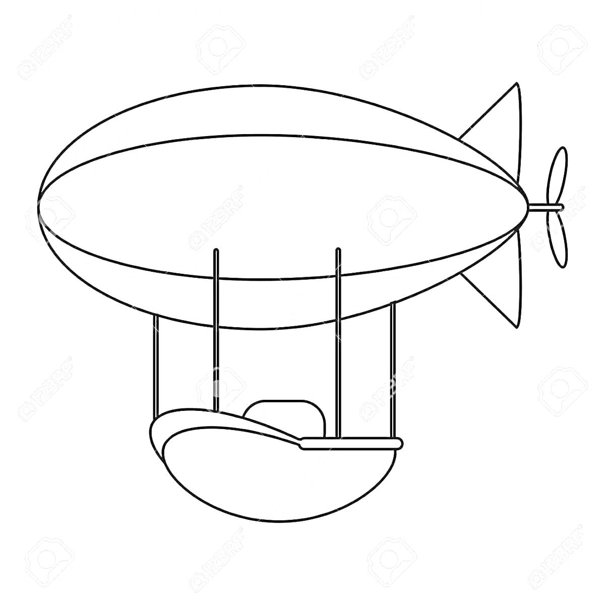 Раскраска Дирижабль с гондолой и пропеллером