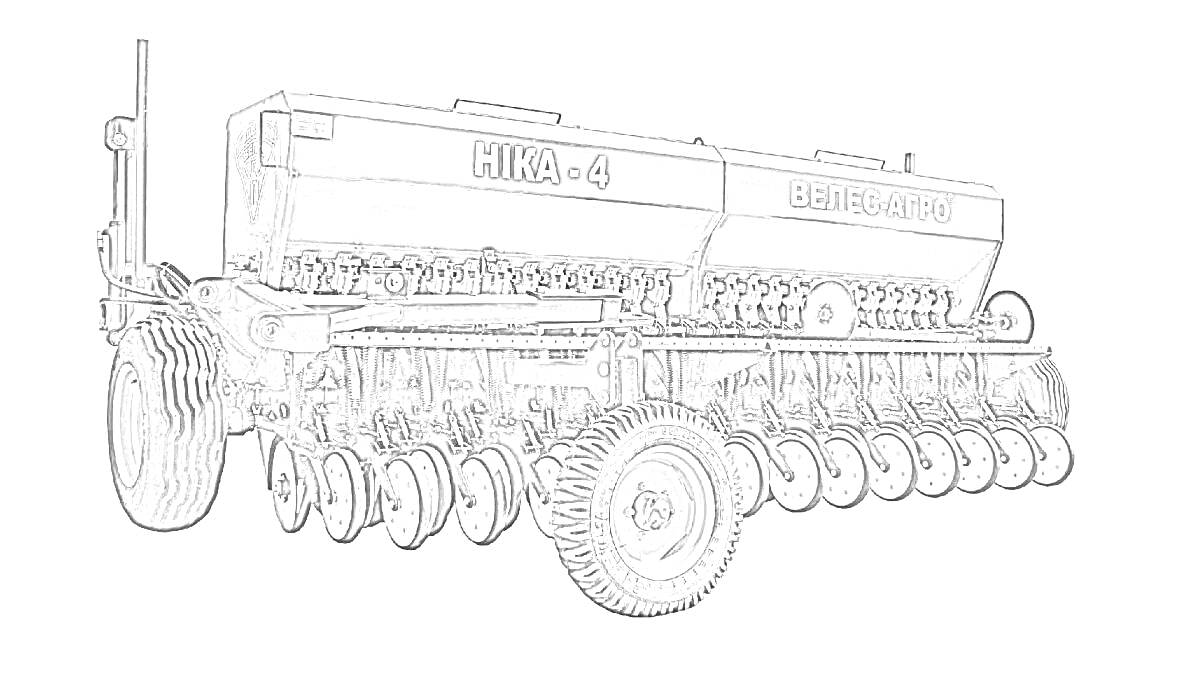 Раскраска Трактор с сеялкой, включая колеса, стойки и раму