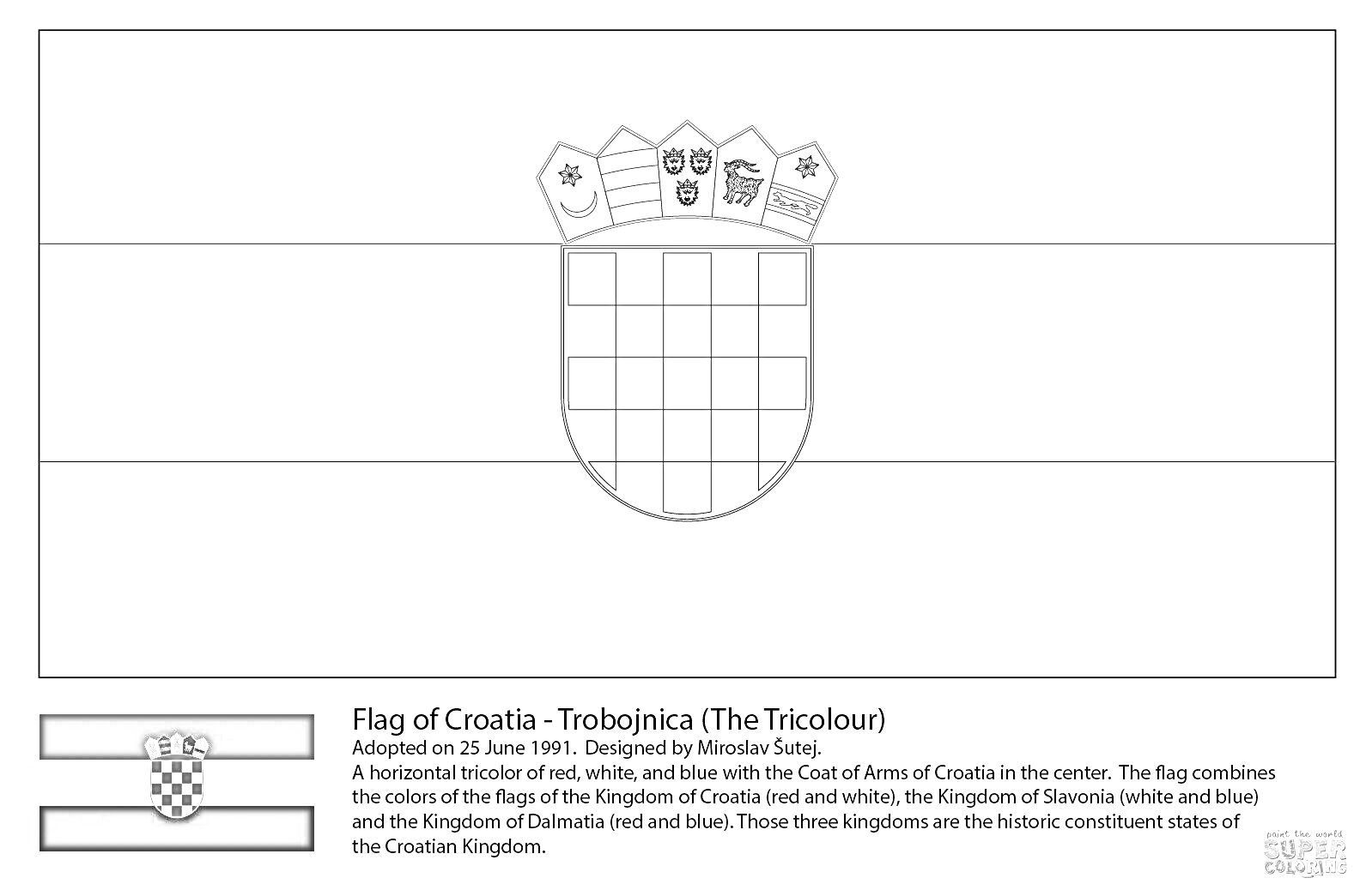 Раскраска флаг Хорватии с гербом и историческим фоном