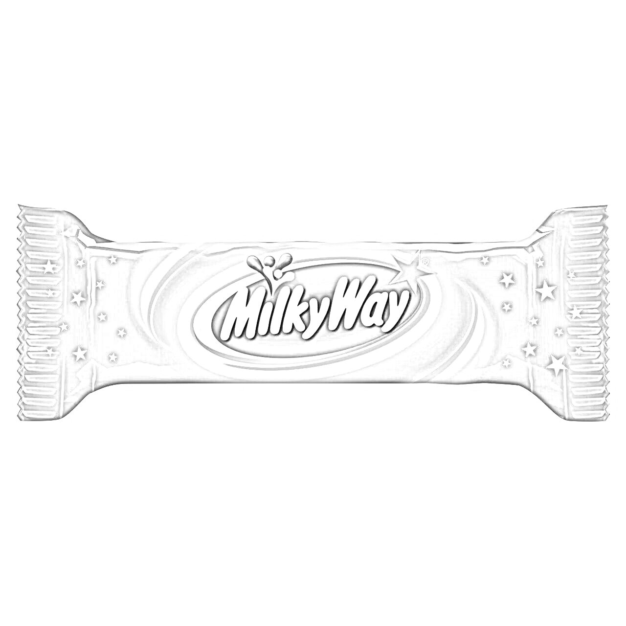 Раскраска обертка батончика Milky Way с изображением логотипа и звезд