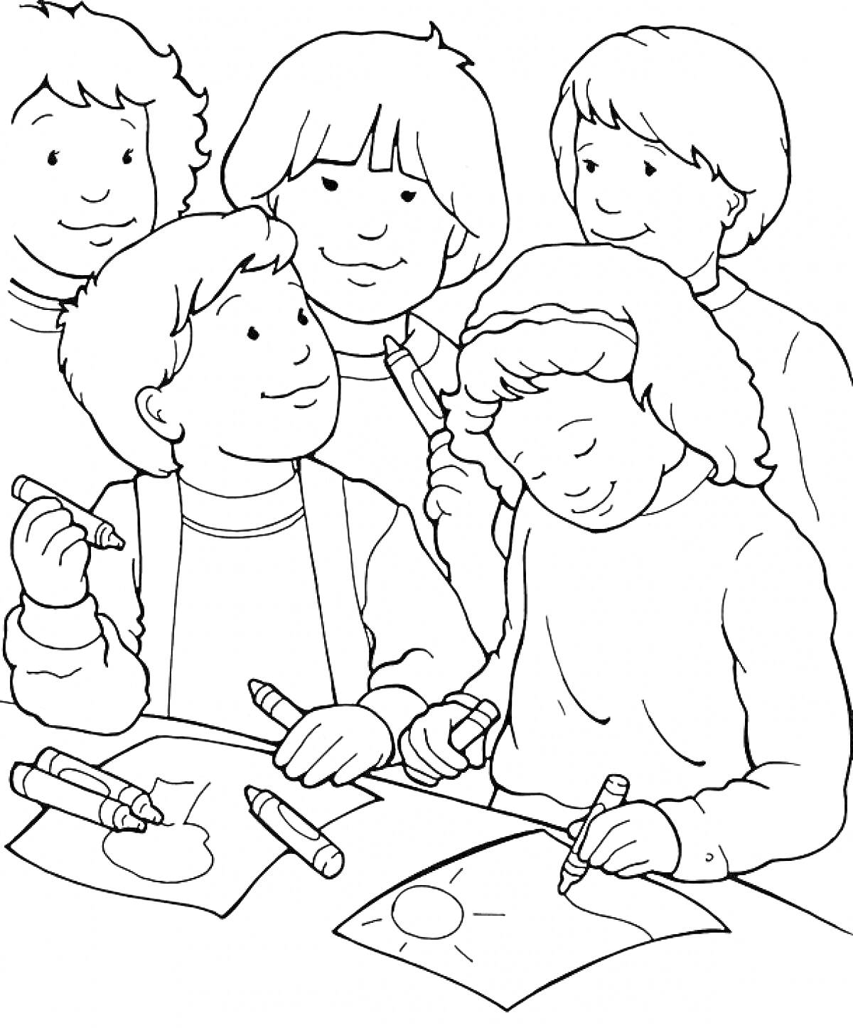 Раскраска Дети, рисующие за столом мелками, с улыбками на лицах