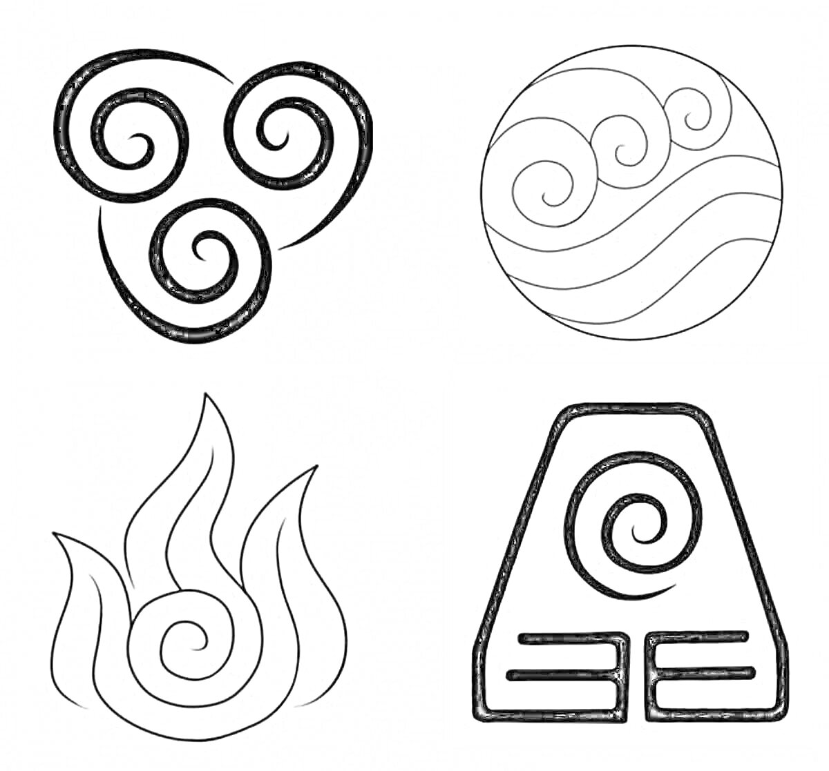 Раскраска Стихии: воздух, вода, огонь, земля. Символы стихий в черно-белых узорах, состоящие из завитков и стилизованных элементов.