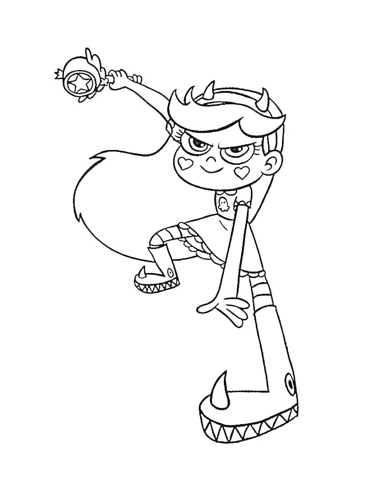 Раскраска Девочка с рогами держит волшебную палочку в прыжке.