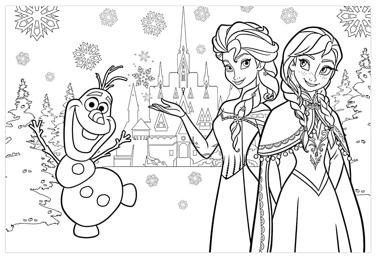 Раскраска Олаф, две девушки в платьях, замок, деревья, снежинки