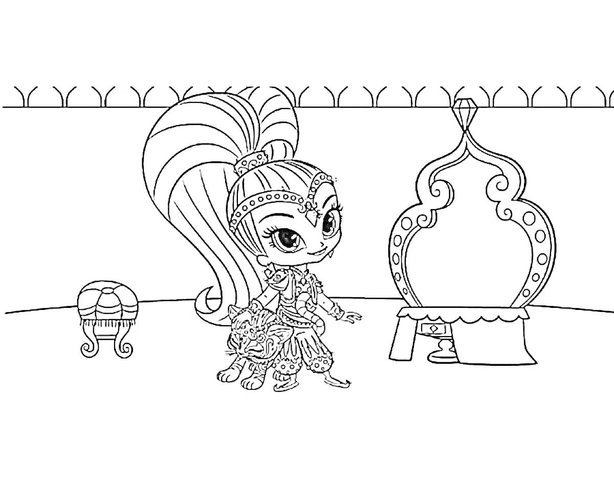 Раскраска Девочка-джинн в восточном костюме, табурет и зеркало в интерьере