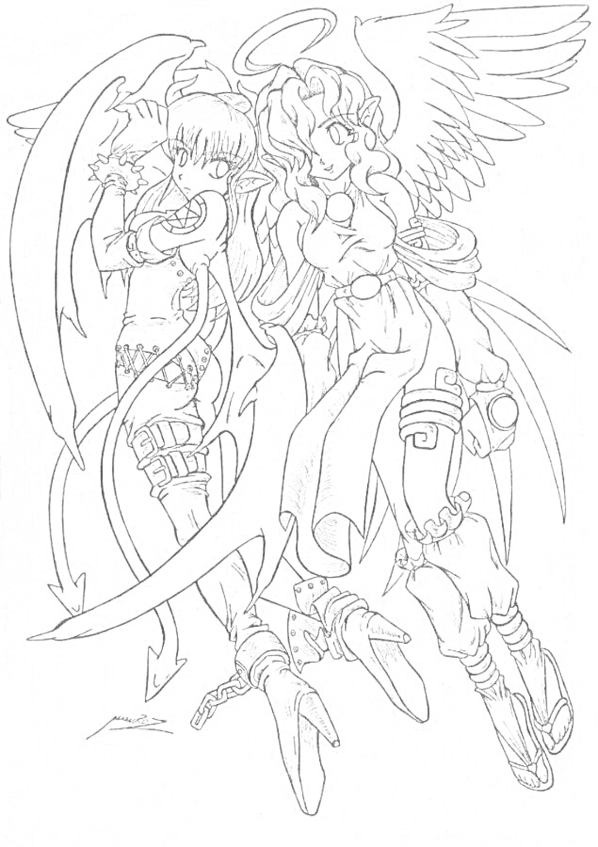 На раскраске изображено: Ангел, Хвост, Крылья, Полет, Фэнтези